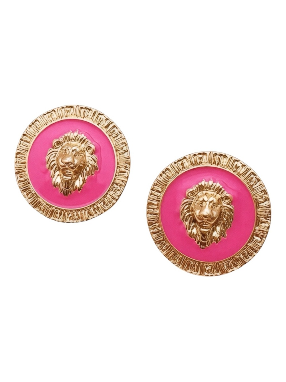 Gold Lion Head Pink Enamel Round Earrings